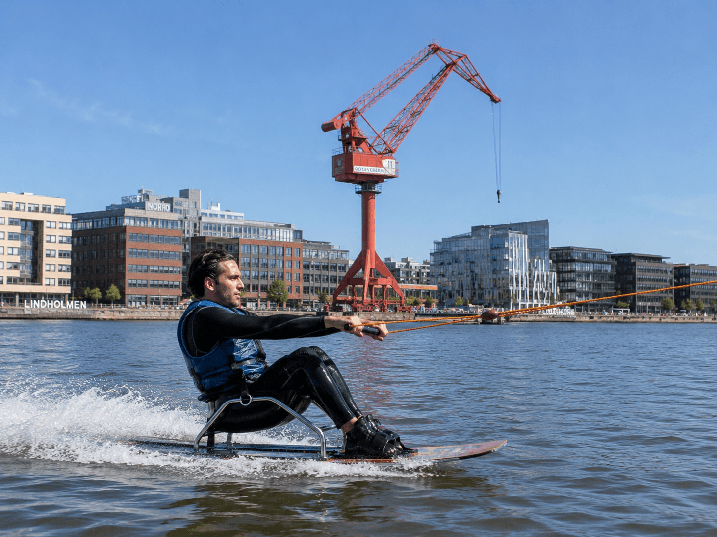 Artist's impression of a sitwake rider on the cable at GötÄlva Wakeboard and Waterfront Park, Lundbyvassen, Gothenburg